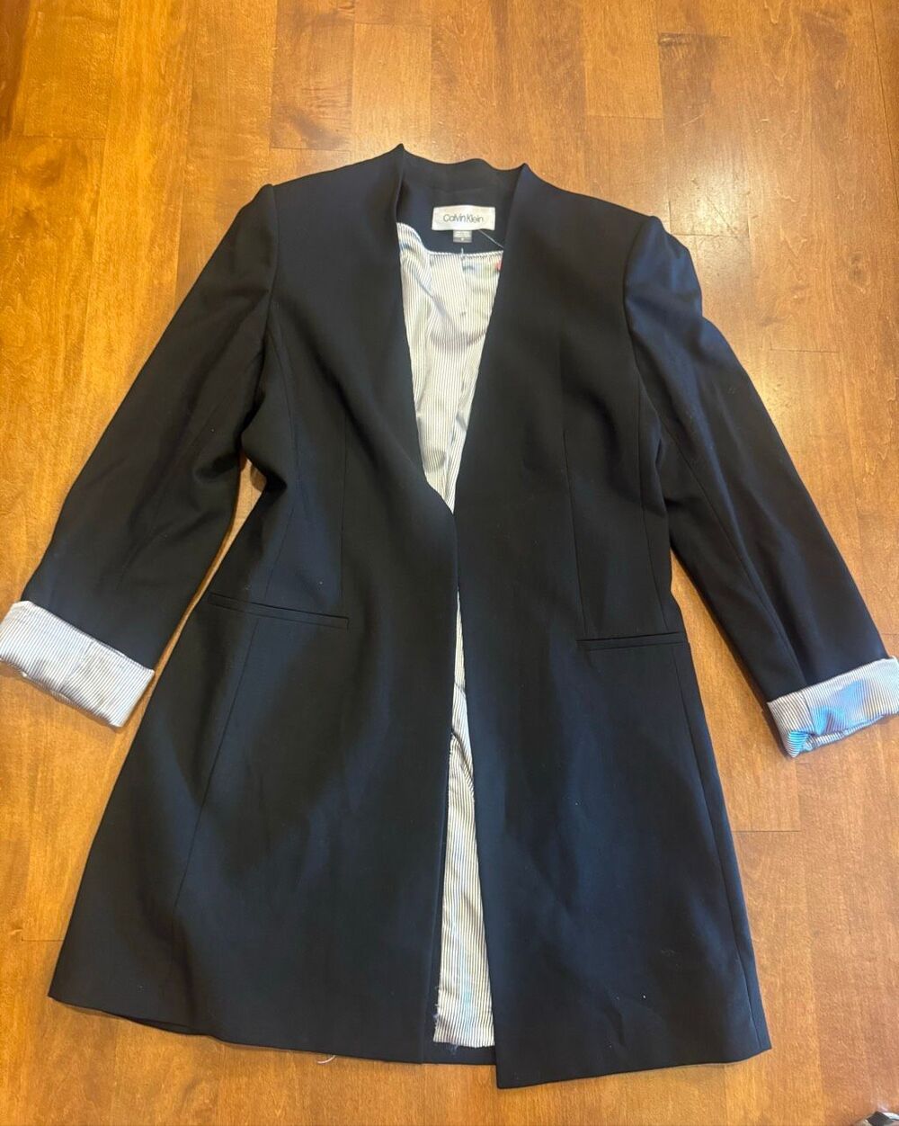 Calvin Klein Women’s Size 8 Black Longline Open Front Blazer Striped Cuffs